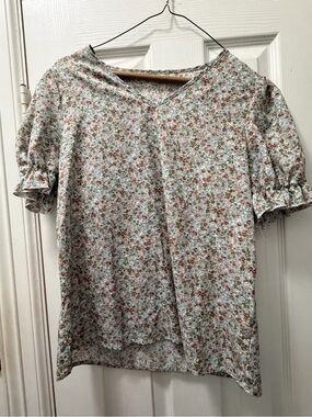Women’s Floral V-Neck Blouse in Light Blue and Rust